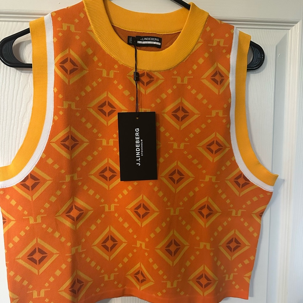 J.Lindeberg Women's FREJA KNITTED Golf TOP Vest AWKW08150 Orange Small Med NEW - Picture 2 of 7